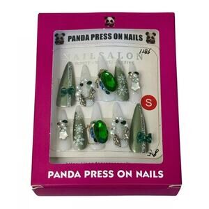 PANDA PRESS ON NAILS Wicked Green Jade Gems Rhinestones Bows Pearls Full Set